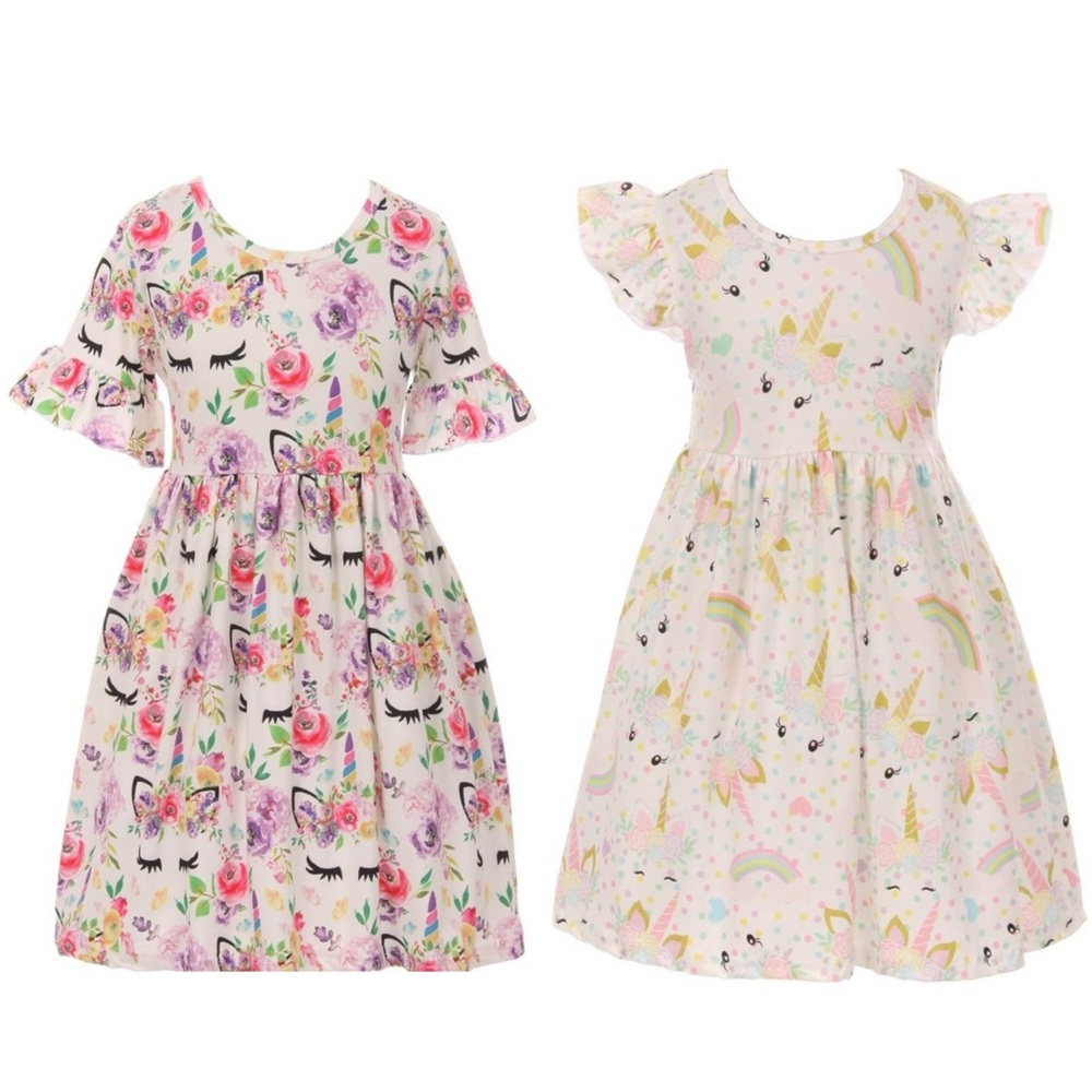 2 Pieces Dress Little Girl Kid Toddler Unicorn Floral Casual Girl Dress NWOT